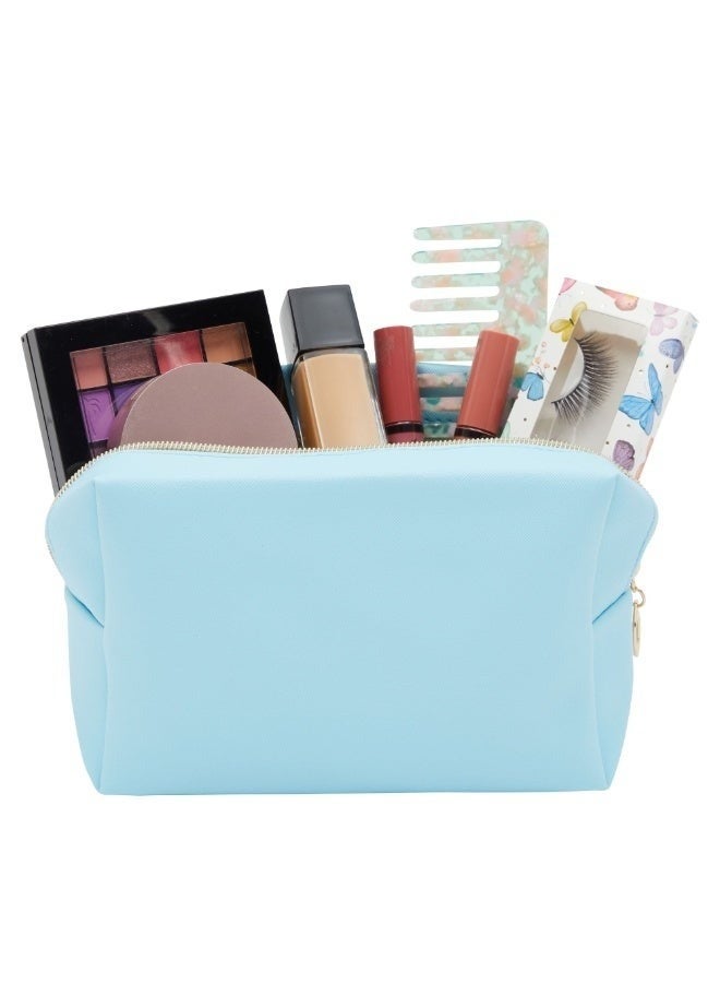 حقيبة مكياج سفر نسائية - منظم مستحضرات تجميل من الجلد الصناعي مع فتحة علوية واسعة، وفواصل داخلية، ومقبض حمل متين، وسعة كبيرة لأدوات النظافة الشخصية ومستلزمات التجميل، لون أزرق فاتح - Image 3